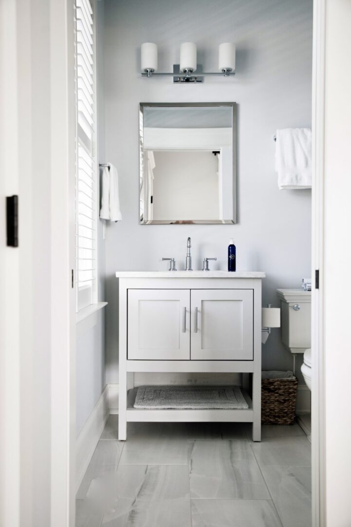 A look at the bathroom vanity from the door